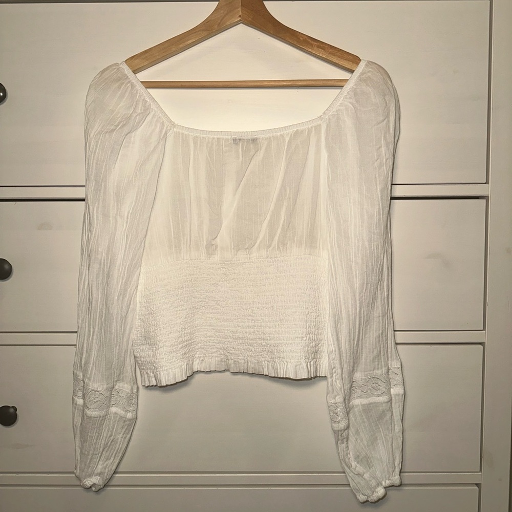 American Eagle Outfitters AE Long-Sleeve Smocked Blouse - White - Picture 8 of 13
